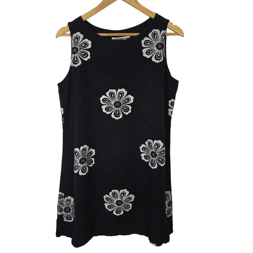 Peppermint‎ Bay Womens Black White Floral Batik Rayon Sleeveless Shift Dress L